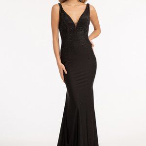 BLACK Beads Embellished Jersey Mermaid Dress Open Back and Sheer Sides GL3037